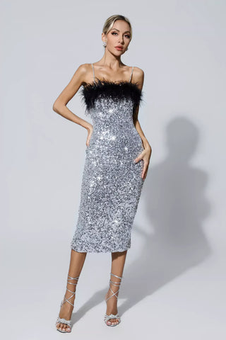 Jemma Sequin Midi Dress with Feather Trim — Black
