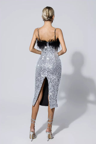 Jemma Sequin Midi Dress with Feather Trim — Black