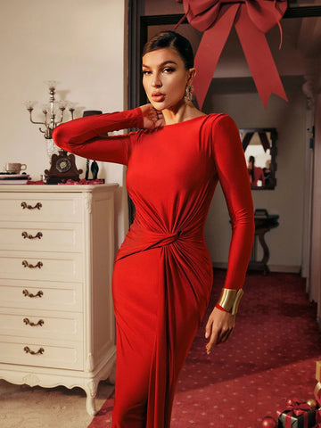 Eloise Bow-Detail Long-Sleeve Maxi Dress