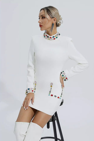 Karina Long-Sleeve Mini Dress with Diamond Accents — White