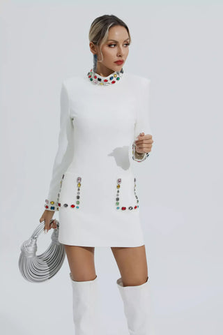 Karina Long-Sleeve Mini Dress with Diamond Accents — White