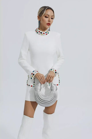Karina Long-Sleeve Mini Dress with Diamond Accents — White
