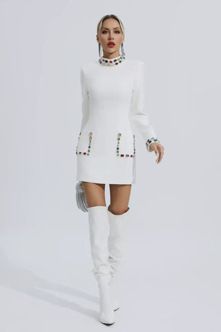 Karina Long-Sleeve Mini Dress with Diamond Accents — White