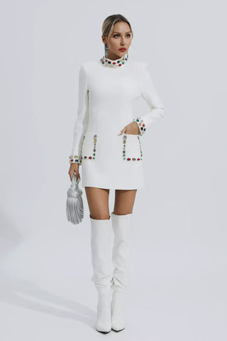Karina Long-Sleeve Mini Dress with Diamond Accents — White