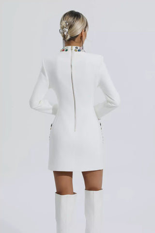 Karina Long-Sleeve Mini Dress with Diamond Accents — White