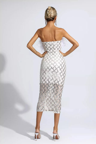Kayleigh Feather and Sequin Midi Dress — White