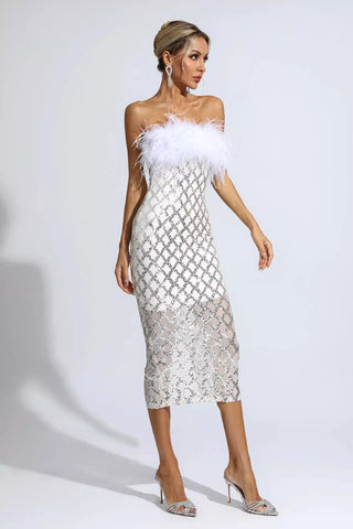Kayleigh Feather and Sequin Midi Dress — White
