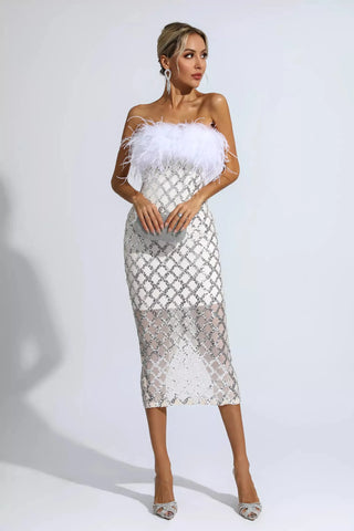 Kayleigh Feather and Sequin Midi Dress — White