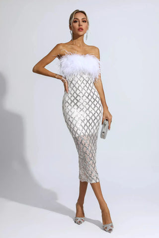 Kayleigh Feather and Sequin Midi Dress — White