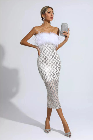 Kayleigh Feather and Sequin Midi Dress — White