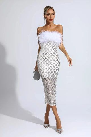 Kayleigh Feather and Sequin Midi Dress — White