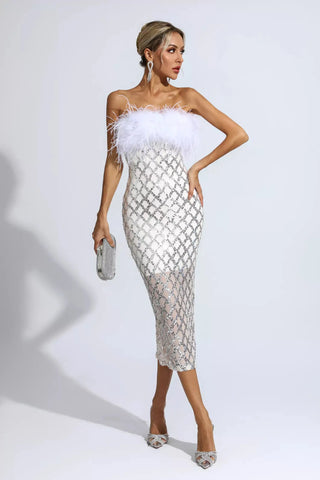 Kayleigh Feather and Sequin Midi Dress — White