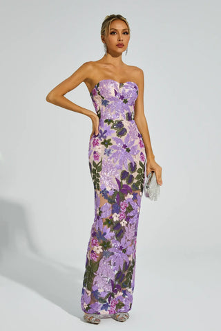 Kevin Embroidered Sequin Maxi Dress — Purple, Cuavan