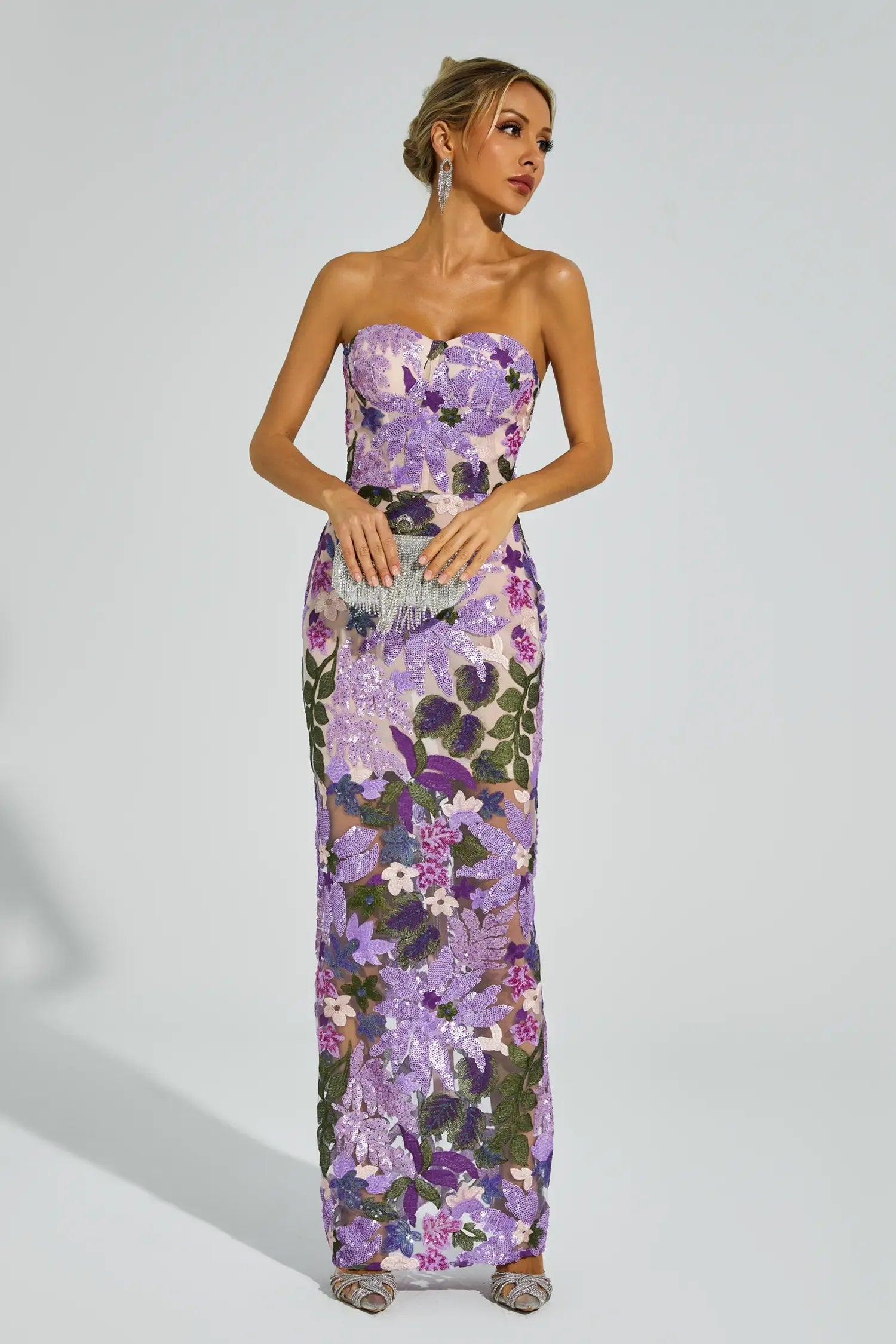 Kevin Embroidered Sequin Maxi Dress — Purple, Cuavan
