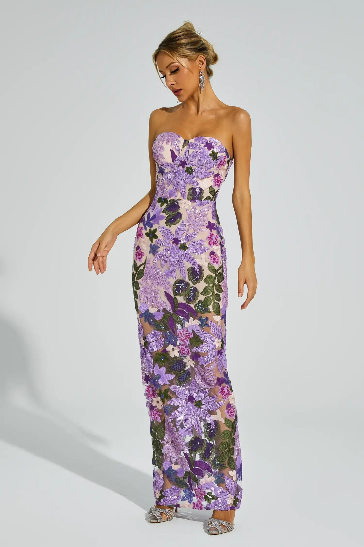Kevin Embroidered Sequin Maxi Dress — Purple, Cuavan