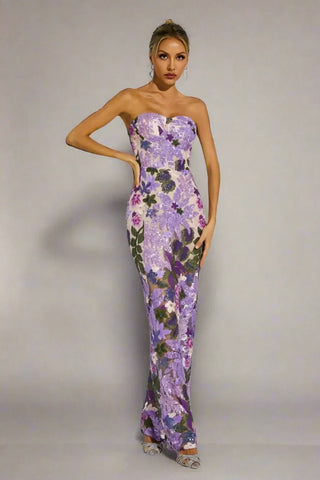 Kevin Embroidered Sequin Maxi Dress — Purple, Cuavan