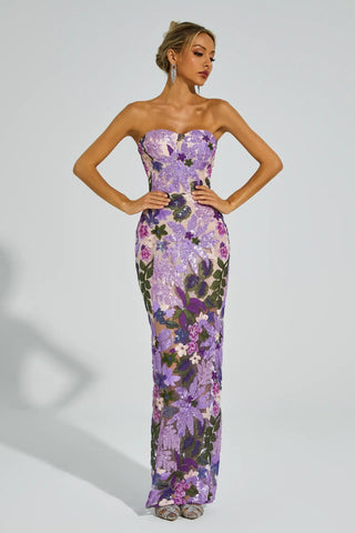 Kevin Embroidered Sequin Maxi Dress — Purple, Cuavan