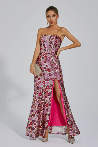 Kiera Flower Sequin Maxi Gown — Pink