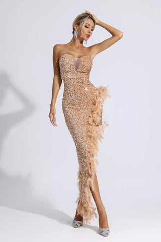 Kira Sequin & Feather Maxi Dress — Champagne