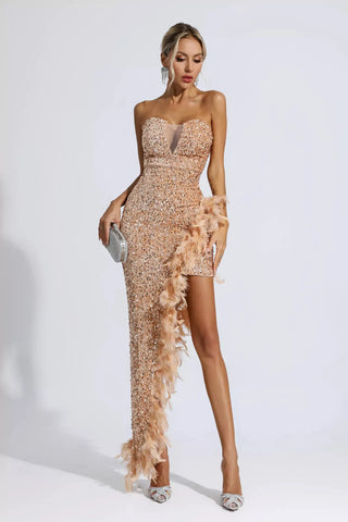 Kira Sequin & Feather Maxi Dress — Champagne