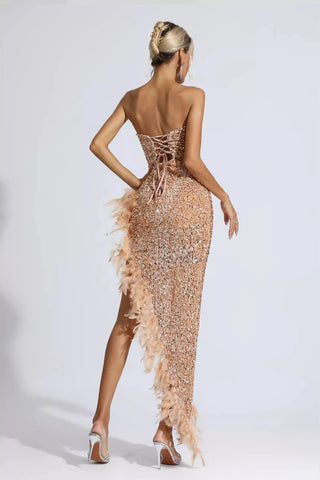 Kira Sequin & Feather Maxi Dress — Champagne