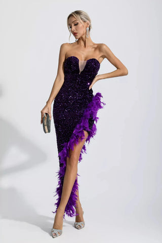 Kira Sequin & Feather Maxi Dress — Champagne