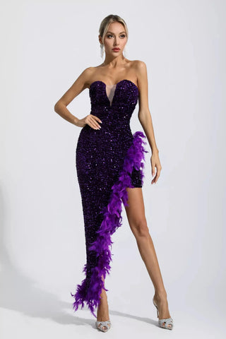 Kira Sequin & Feather Maxi Dress — Purple