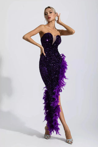 Kira Sequin & Feather Maxi Dress — Champagne