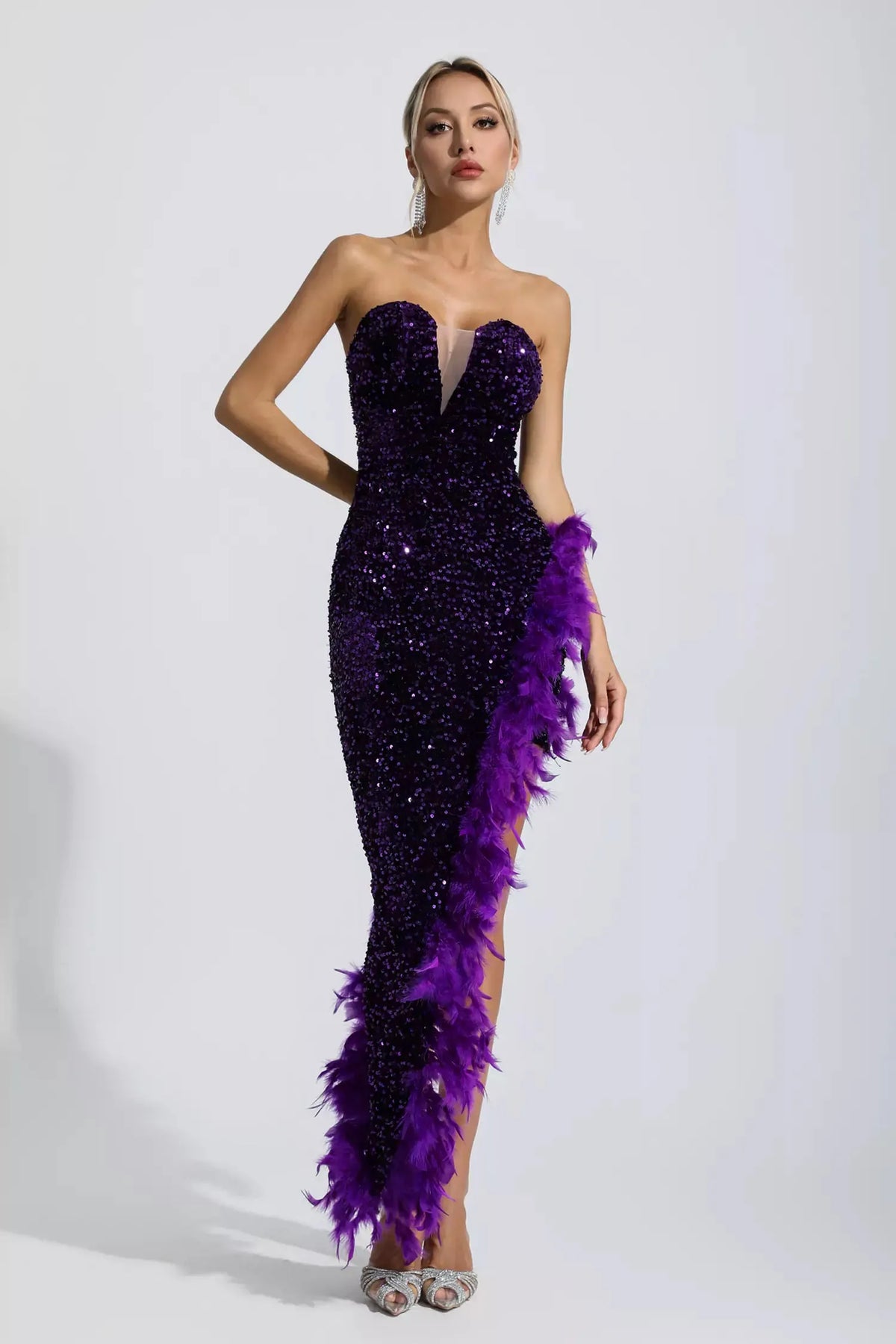 Kira Sequin & Feather Maxi Dress — Purple