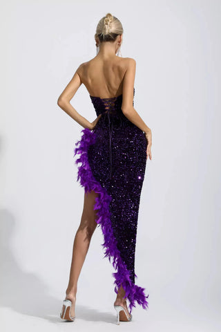 Kira Sequin & Feather Maxi Dress — Purple