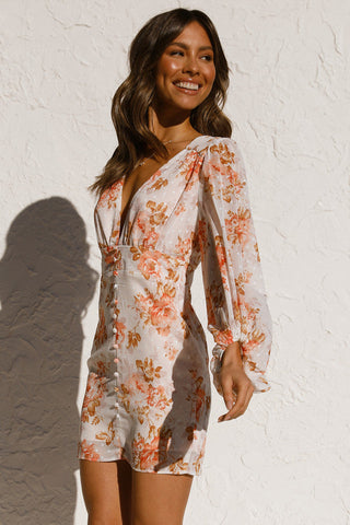 Floral Long Sleeve Mini Dress — Button Placket, Cuavan