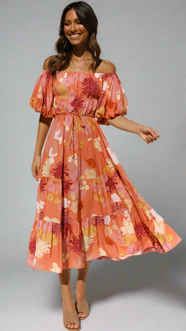 Nina Off-Shoulder Dress — Orange Floral, Cuavan
