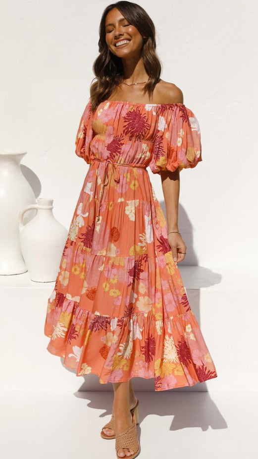Nina Off-Shoulder Dress — Orange Floral, Cuavan