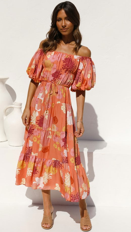 Nina Off-Shoulder Dress — Orange Floral, Cuavan