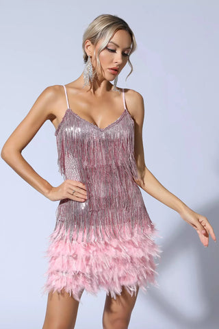 Lilliana Sequin Mini Dress with Feather Trim — Pink