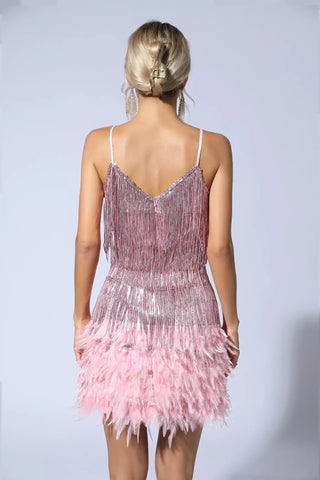 Lilliana Sequin Mini Dress with Feather Trim — Pink