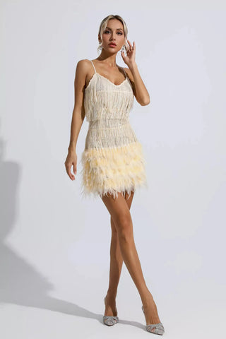 Lilliana Sequin Mini Dress with Feather Trim — Champagne