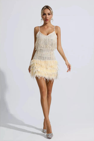 Lilliana Sequin Mini Dress with Feather Trim — Champagne
