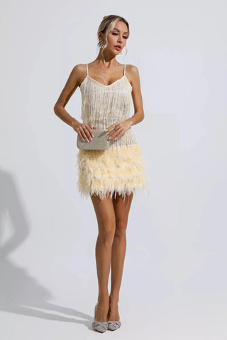 Lilliana Sequin Mini Dress with Feather Trim — Champagne