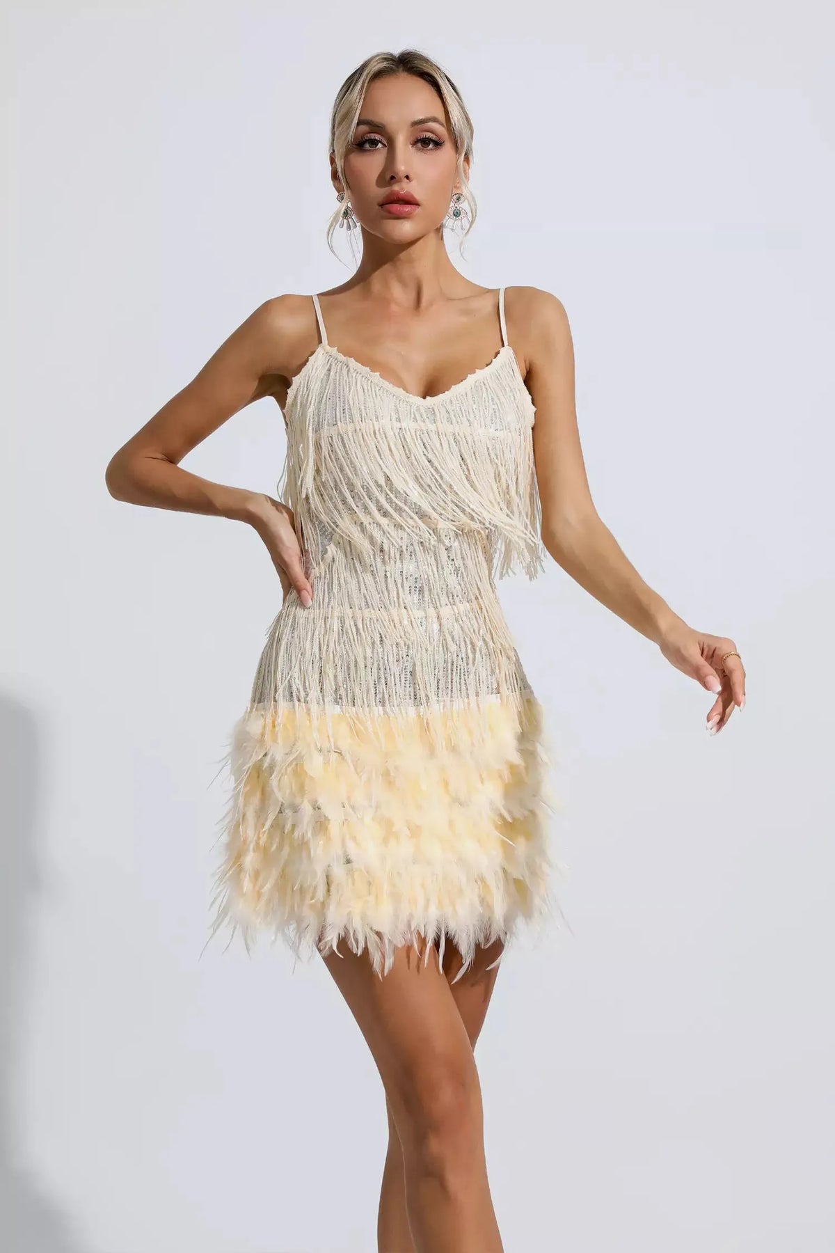 Lilliana Sequin Mini Dress with Feather Trim — Champagne