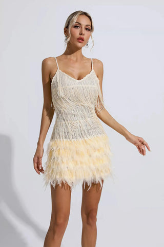 Lilliana Sequin Mini Dress with Feather Trim — Champagne