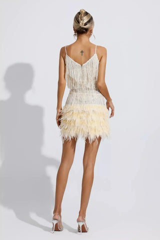 Lilliana Sequin Mini Dress with Feather Trim — Champagne