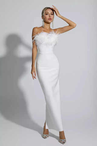Naomi Feather Tassel Maxi Dress — White