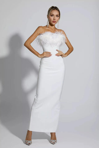 Naomi Feather Tassel Maxi Dress — White