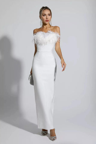 Naomi Feather Tassel Maxi Dress — White