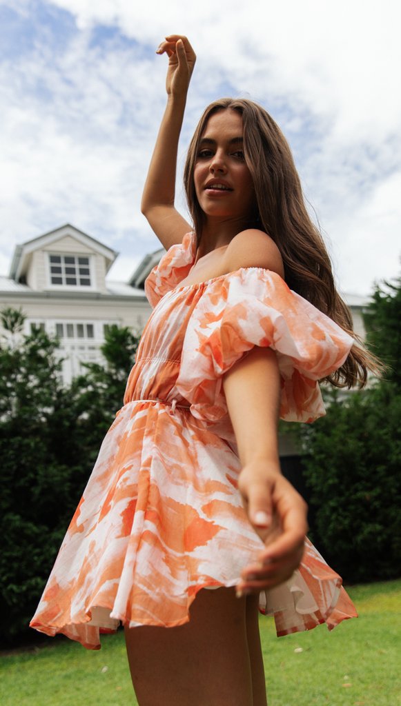 Off-Shoulder Pleated Dress — Orange Floral, Cuavan