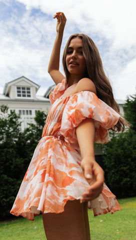 Off-Shoulder Pleated Dress — Orange Floral, Cuavan