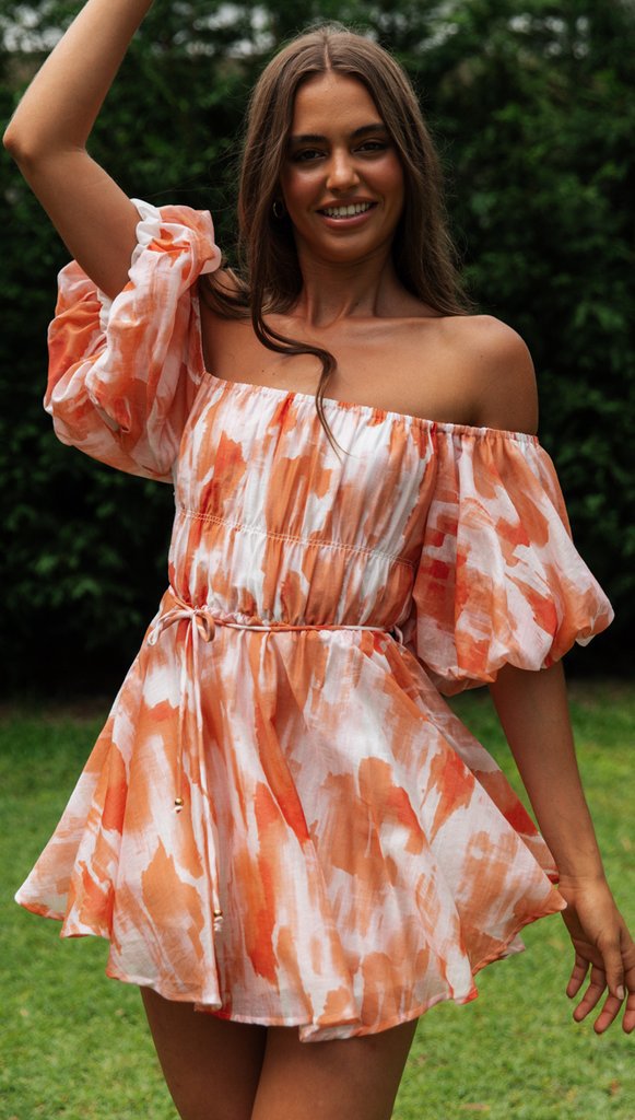 Off-Shoulder Pleated Dress — Orange Floral, Cuavan