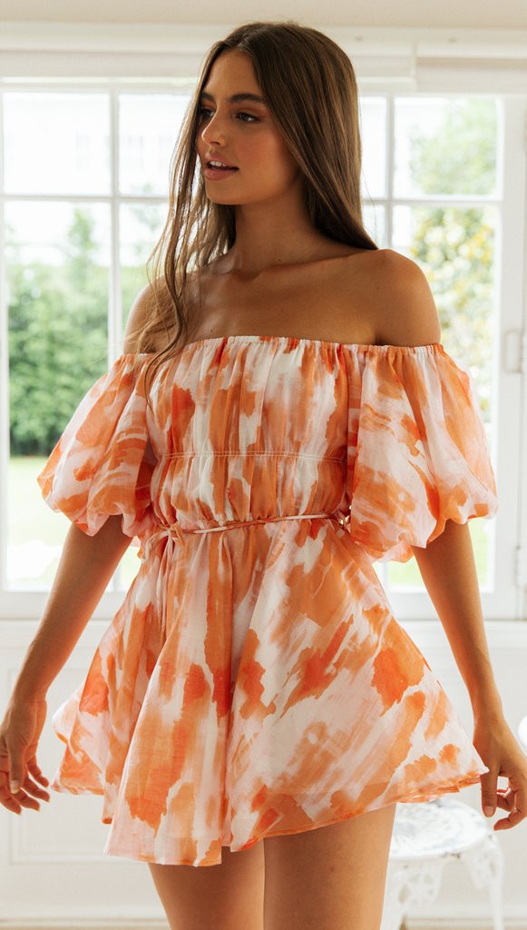 Off-Shoulder Pleated Dress — Orange Floral, Cuavan