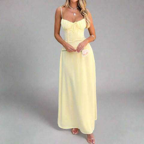 Yellow Ruched Bust Slip Midi Dress